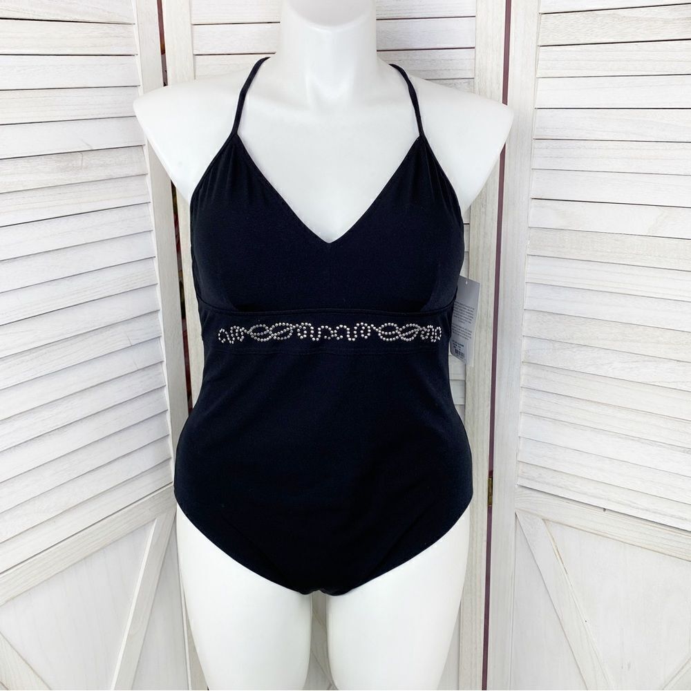 Maxine of‎ Hollywood Azul Swimsuit Studded One Piece Black Silver 16